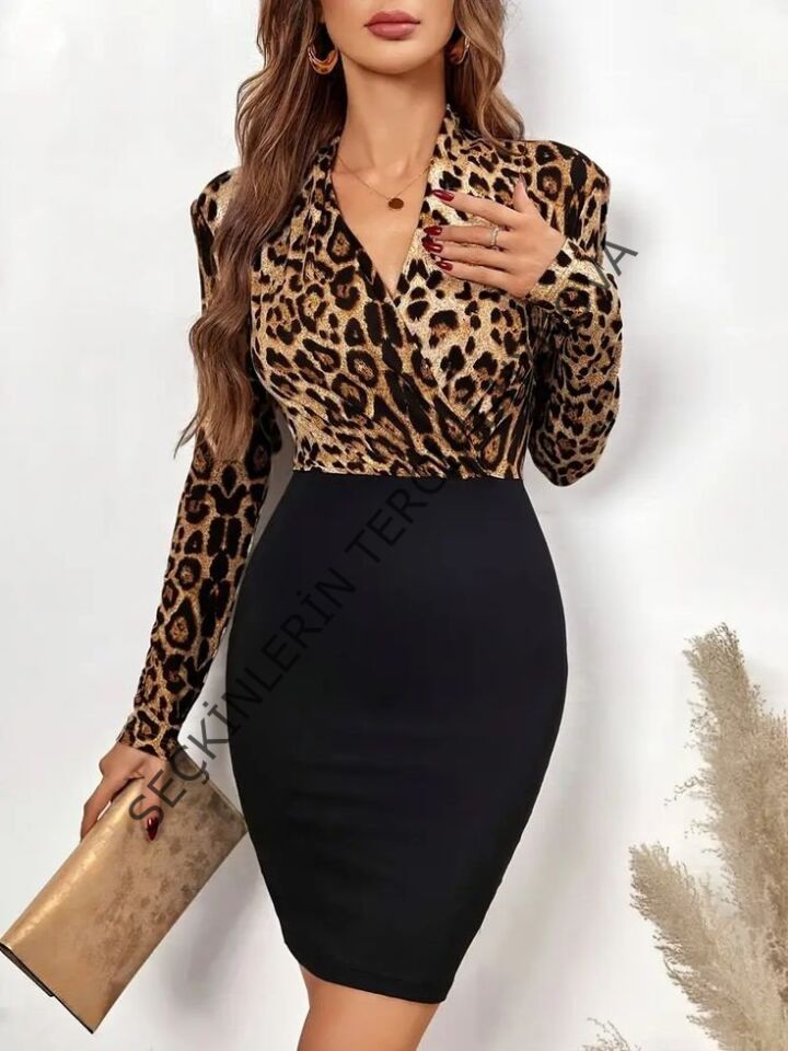 Kadın Uzun Kollu Kruvaze Yaka üst Modal Alt Ithal Krep Mini Elbise