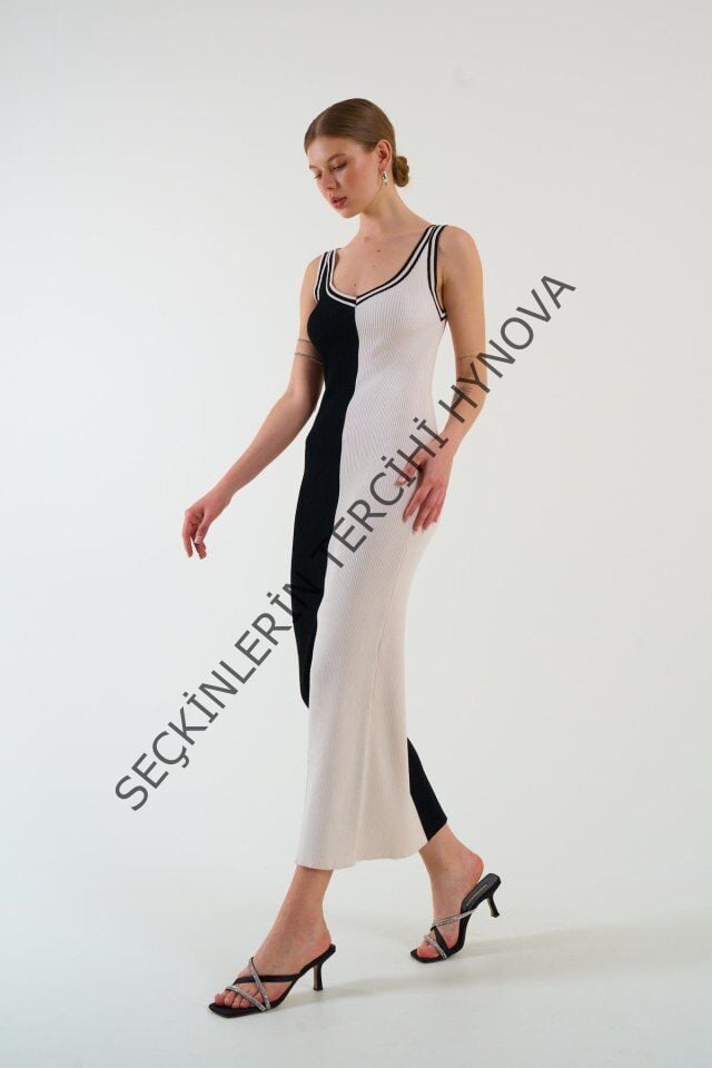 İki Renki Kolsuz Elbise - Siyah-Krem