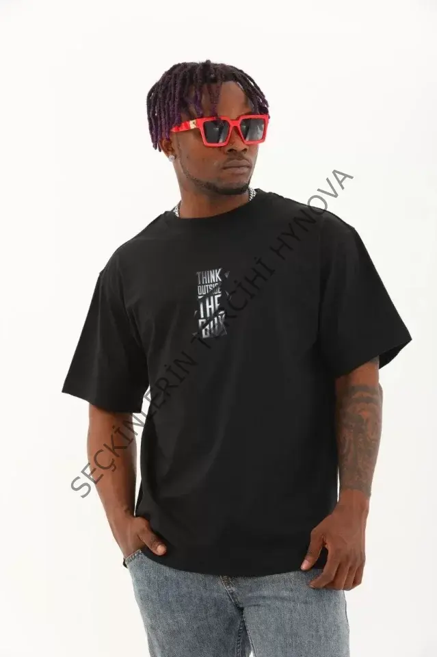 Unisex Oversize Baskılı Bisiklet Yaka T-Shirt - Siyah