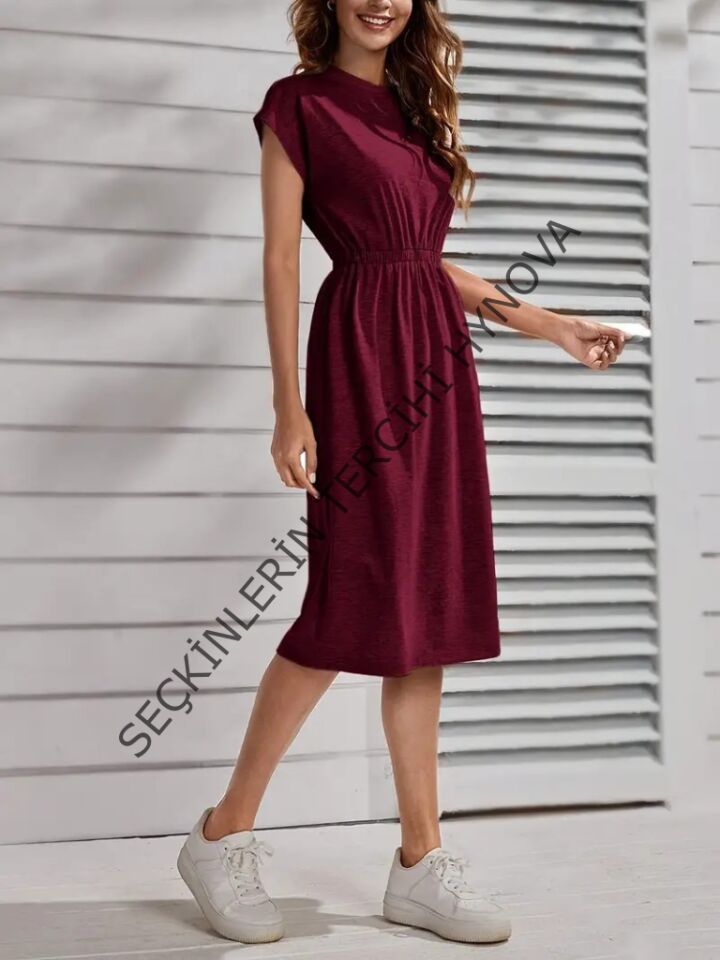 Kadın Kısa Kollu Bisiklet Yaka Belden Lastikli Midi Viskon Elbise
