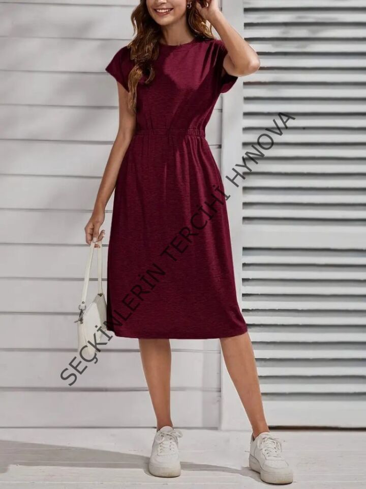 Kadın Kısa Kollu Bisiklet Yaka Belden Lastikli Midi Viskon Elbise