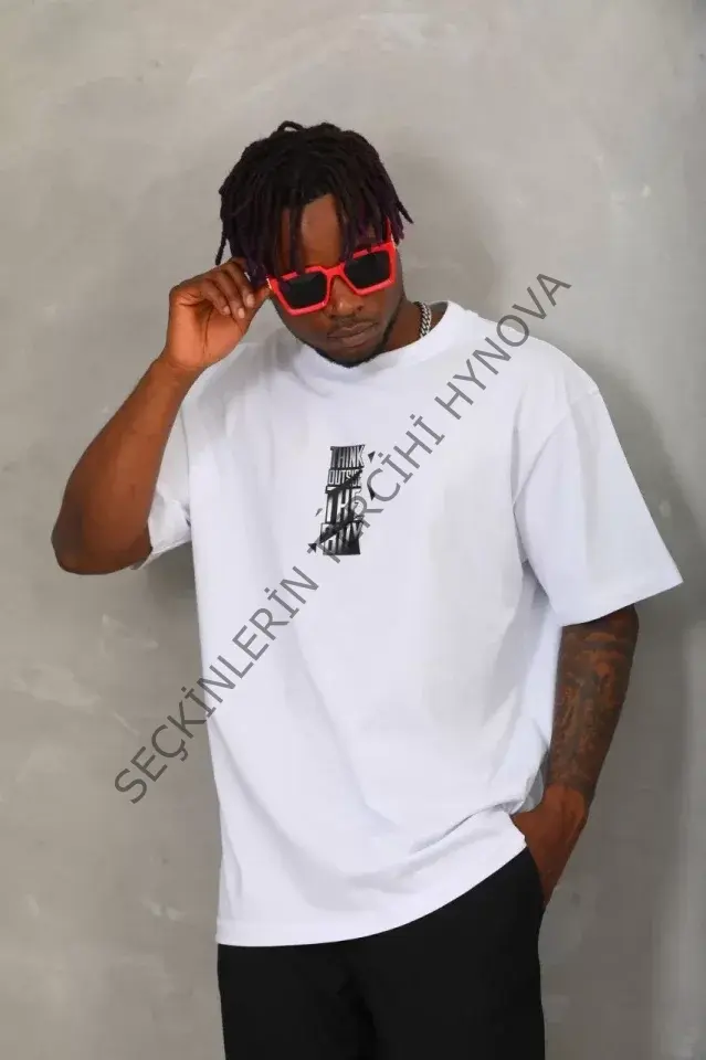 Unisex Oversize Baskılı Bisiklet Yaka T-Shirt - Beyaz