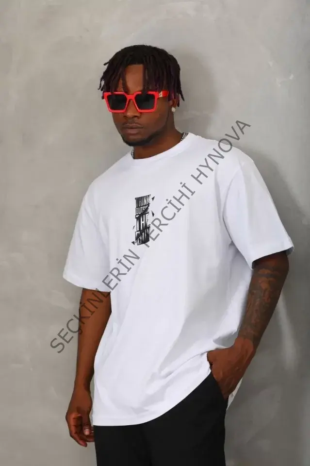 Unisex Oversize Baskılı Bisiklet Yaka T-Shirt - Beyaz