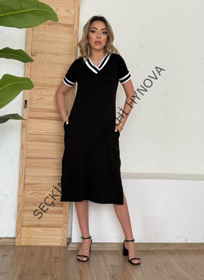 Kadın Kısa Kollu V Yaka Kol Ve Yaka Ribana Detay Midi Boy Viskon Elbise