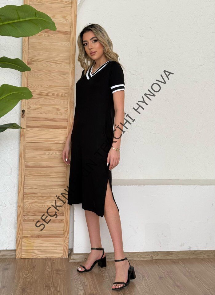 Kadın Kısa Kollu V Yaka Kol Ve Yaka Ribana Detay Midi Boy Viskon Elbise