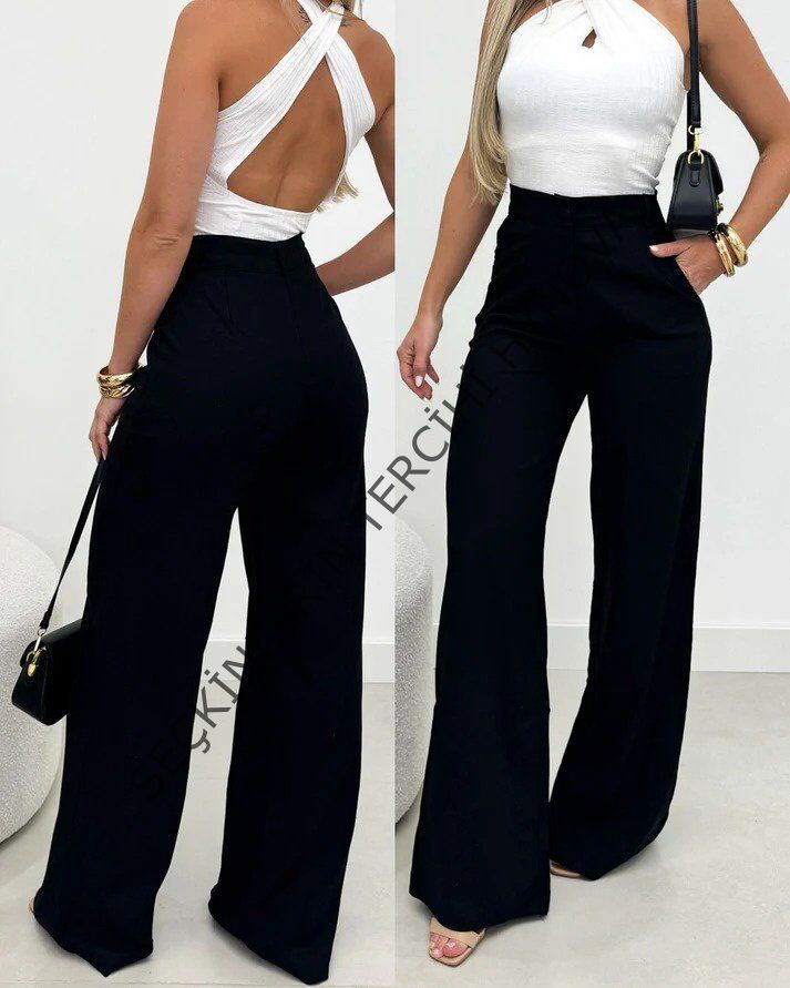 Kadın Yüksek Bel Paçaya Doğru Genişleyen Ithal Krep Pantolon