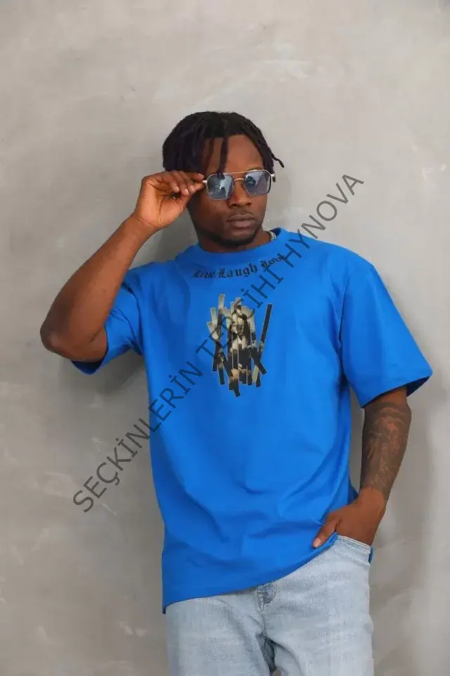 Unisex Oversize Baskılı Bisiklet Yaka T-Shirt - Mavi