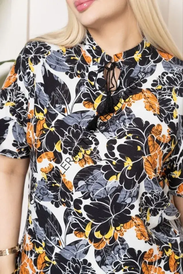 Desenli Püsküllü Viskon Bluz Bebe Yaka Kısa Kollu Big Size Rahat Kesim - Desenli