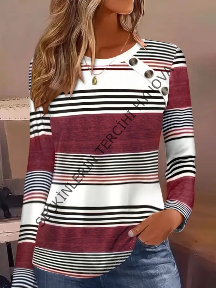 Kadın Uzun Kollu Bisiklet Yaka Düğme Detaylı Desenli Süprem Bluz