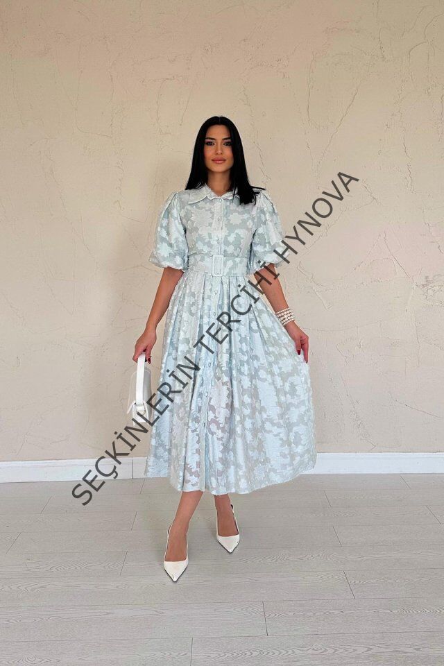 Mint Kemerli Balon Kollu Elbise