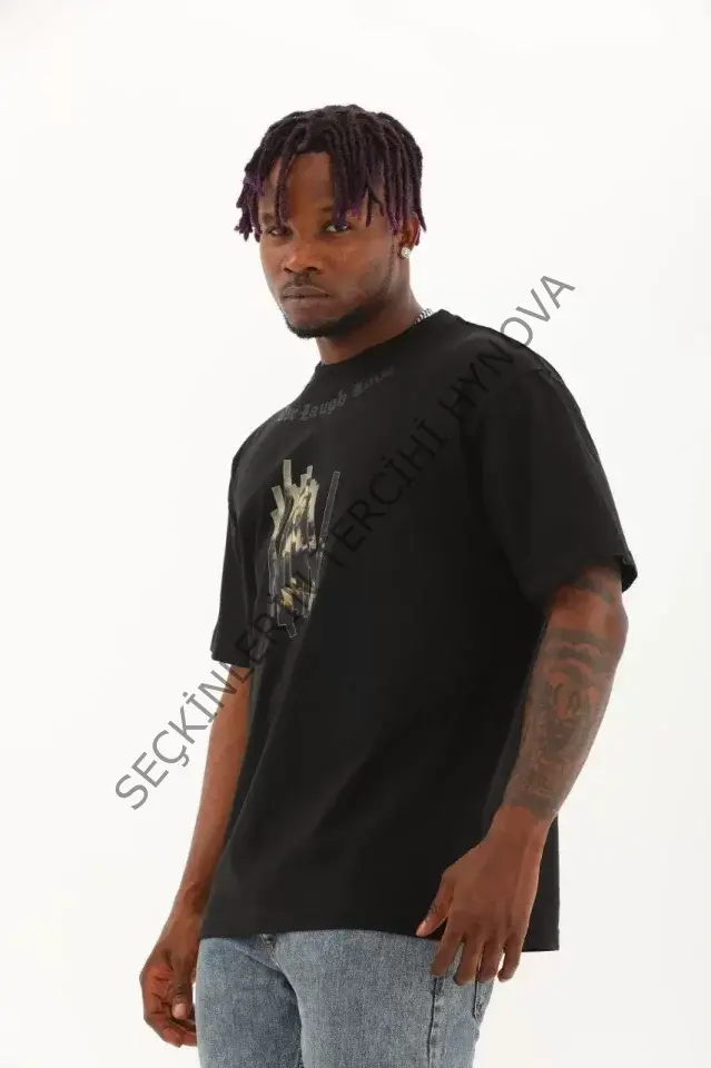 Unisex Oversize Baskılı Bisiklet Yaka T-Shirt - Siyah