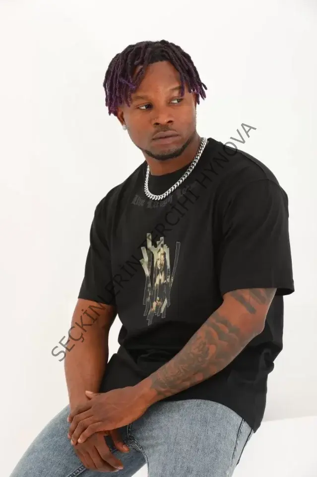 Unisex Oversize Baskılı Bisiklet Yaka T-Shirt - Siyah