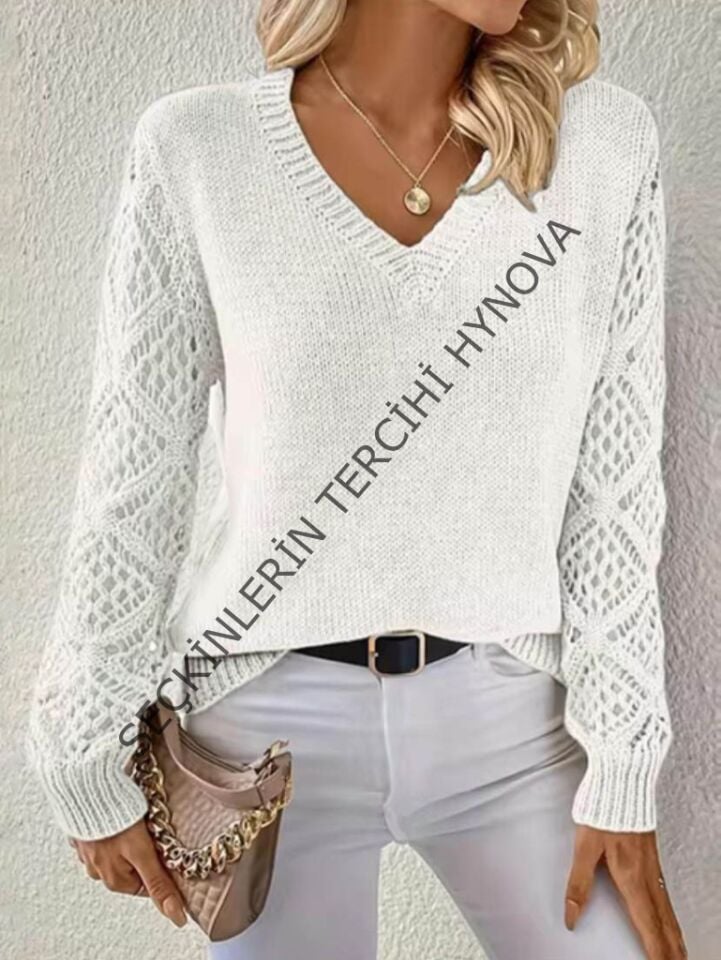 Kadın Uzun Kollu V Yaka Kol Delikli Baklava Desen Detaylı Triko Kazak