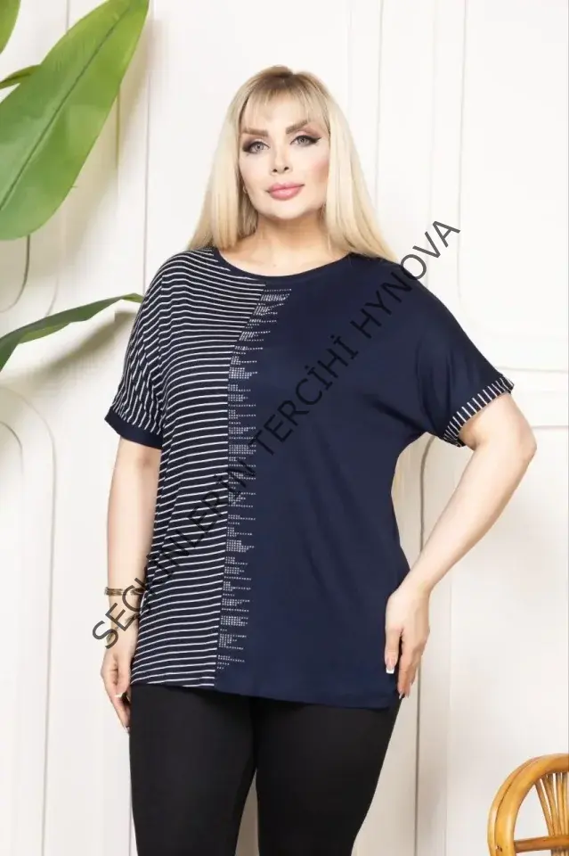 Büyük Beden Taş Detaylı Çizgili Viskon Tişört Bisiklet Yaka Rahat Kesim - Lacivert