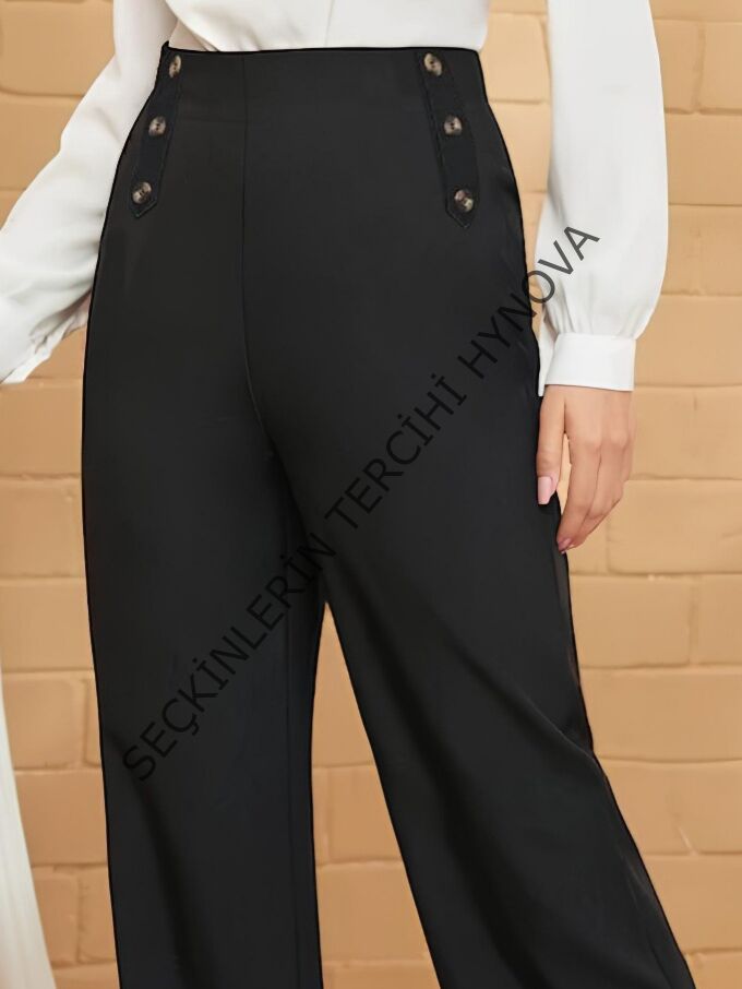 Kadın Düğme Detay Bol Paça Ithal Krep Pantolon