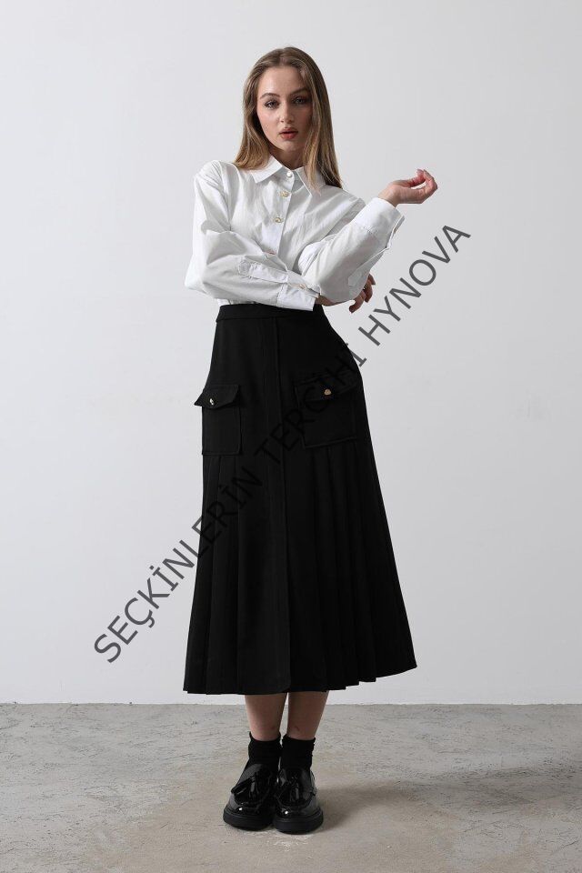 Pileli Kontrast Gömlek Elbise - Beyaz