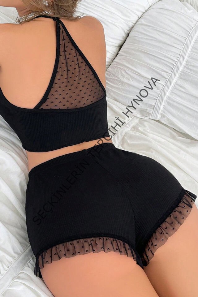 Kadın Siyah Kaşkorse Sırt ve Bacak Kısmı Puantiyeli Şortlu Gecelik Takım – Modern, Konforlu