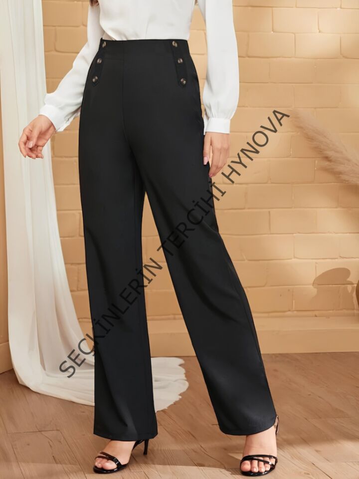 Kadın Düğme Detay Bol Paça Ithal Krep Pantolon