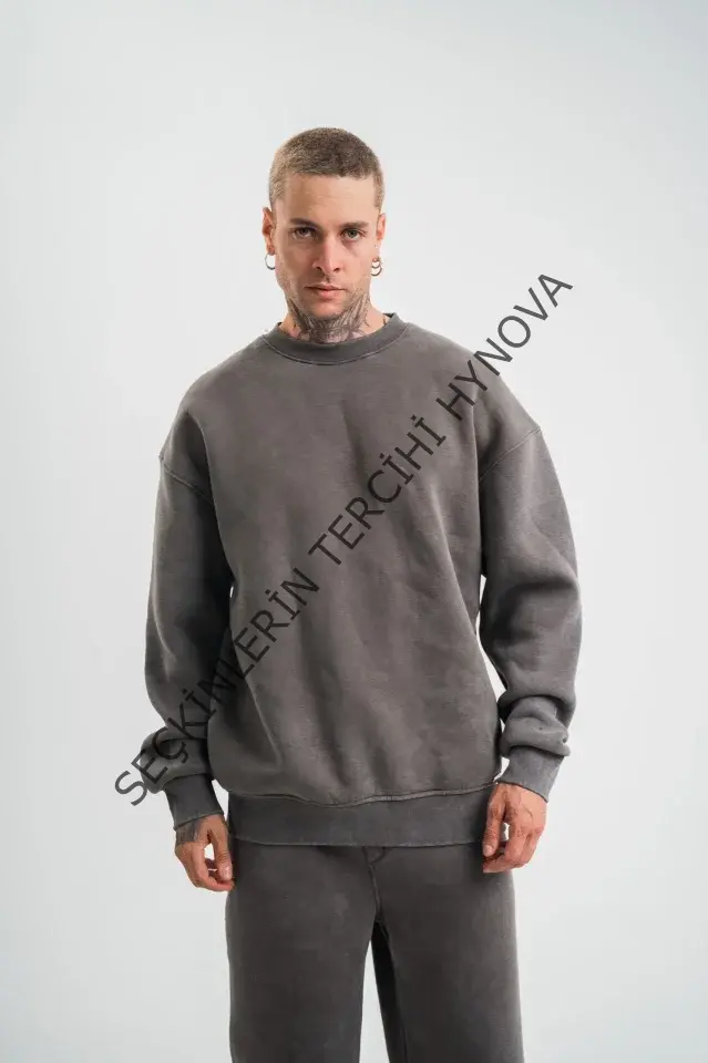 Erkek 3 İplik Pamuklu Yağ Yıkamalı Sweatshirt Double Oversize Bisiklet Yaka Uzun Kol - Füme