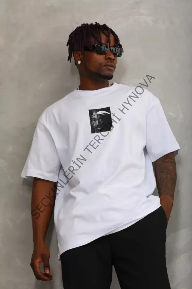 Unisex Oversize Baskılı Bisiklet Yaka T-Shirt - Beyaz