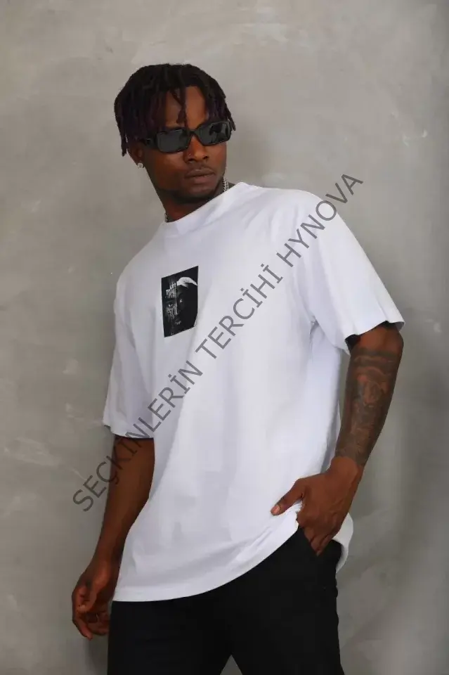 Unisex Oversize Baskılı Bisiklet Yaka T-Shirt - Beyaz