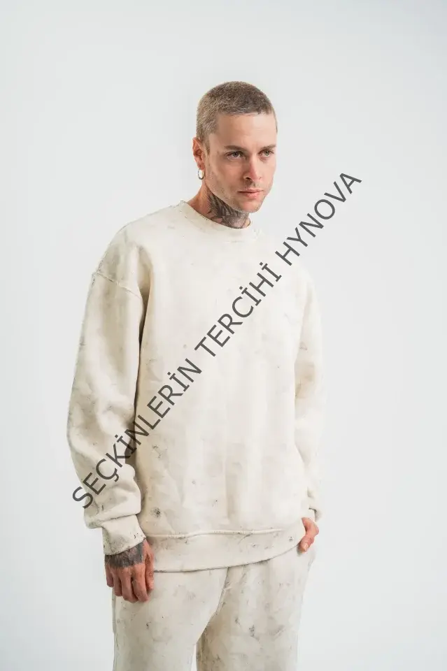 Erkek 3 İplik Pamuklu Yağ Yıkamalı Sweatshirt Double Oversize Bisiklet Yaka Uzun Kol - Krem