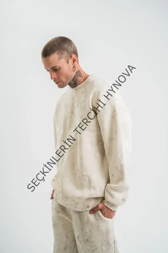 Erkek 3 İplik Pamuklu Yağ Yıkamalı Sweatshirt Double Oversize Bisiklet Yaka Uzun Kol - Krem