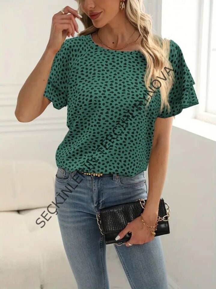 Kadın Kısa Kollu Kolları Volanlı Baskılı Süprem Bluz