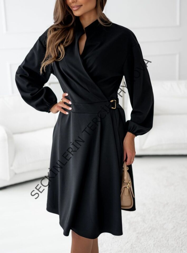 Kadın Uzun Kollu Hakim V Yakalı Yandan Toka Detaylı Ithal Mini Krep Elbise