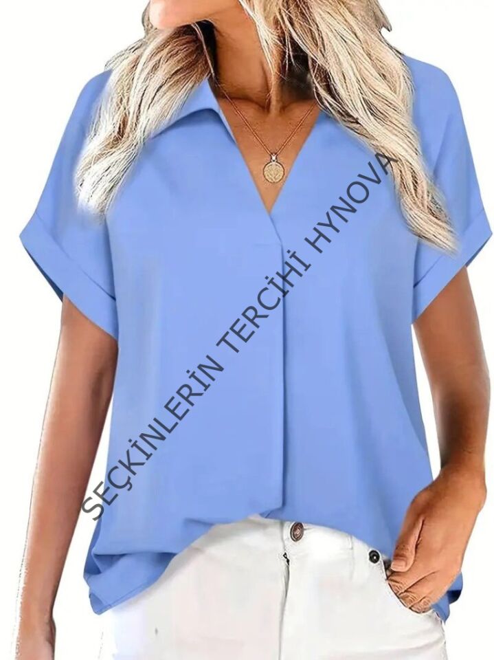 Kadın Kısa Kollu Yakalı Uzun Sandy Bluz