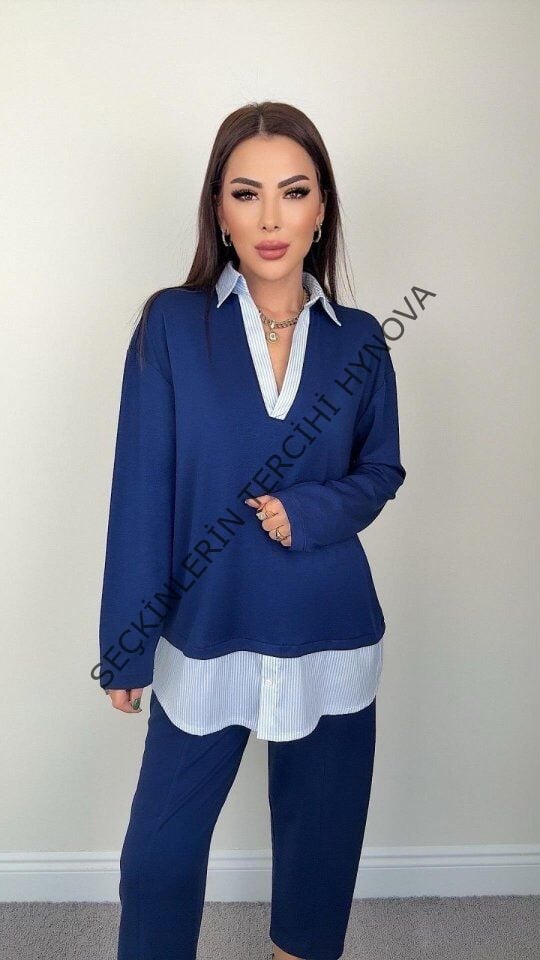 Polo Yaka Gömlekl Detay Salaş Balon Pantolunlu ıkılı Takım