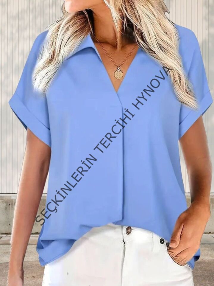 Kadın Kısa Kollu Yakalı Uzun Sandy Bluz