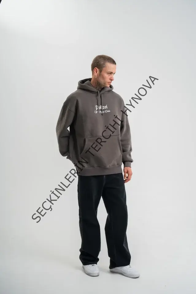 Erkek Double Oversize Kapüşonlu Sweatshirt 3 İplik Pamuklu Göğüs Nakışlı Premium Kalite – Antrasit