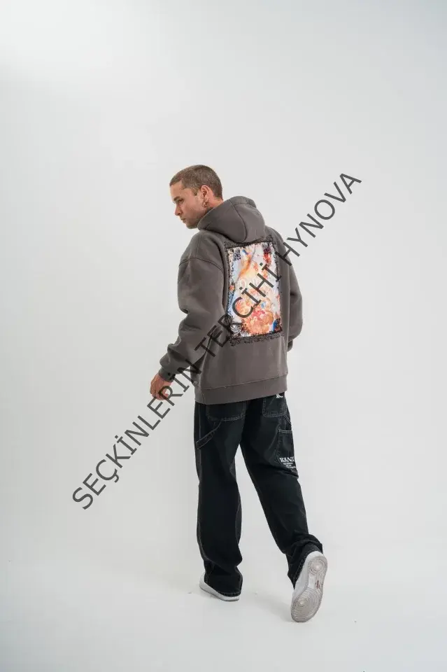Erkek Double Oversize Kapüşonlu Sweatshirt 3 İplik Pamuklu Göğüs Nakışlı Premium Kalite – Antrasit