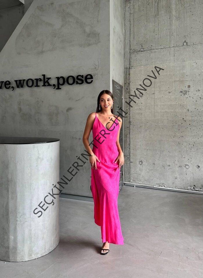 JAKARLI ASKILI SATEN ELBİSE ASİMETRİK - Pembe