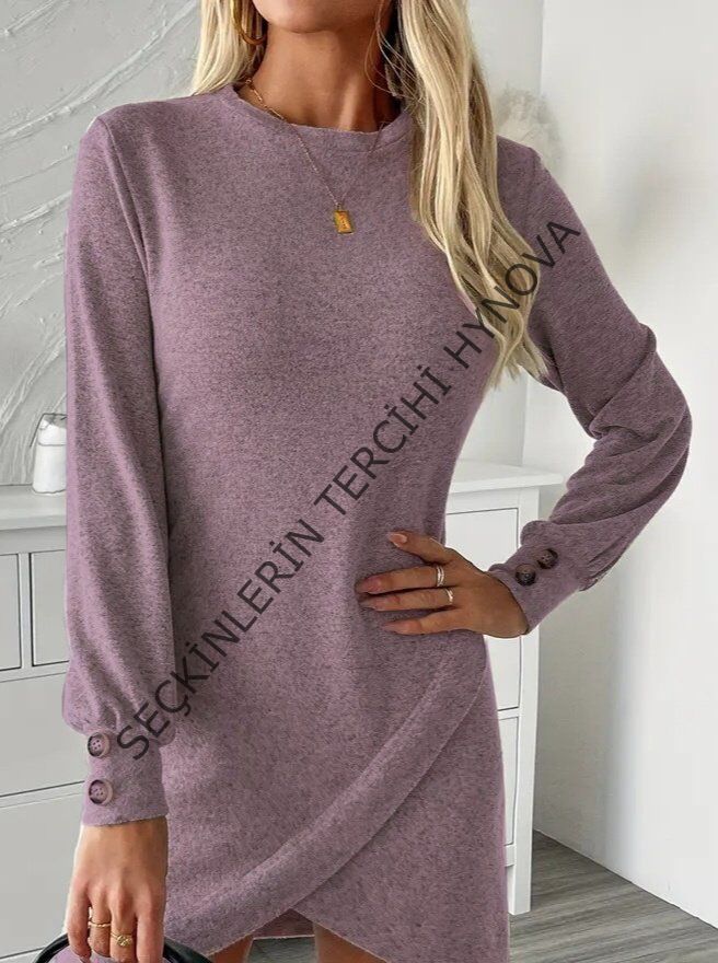 Kadın Uzun Kollu Bisiklet Yaka önden Asimetrik Kesim Detaylı Mini Yumoş Elbise