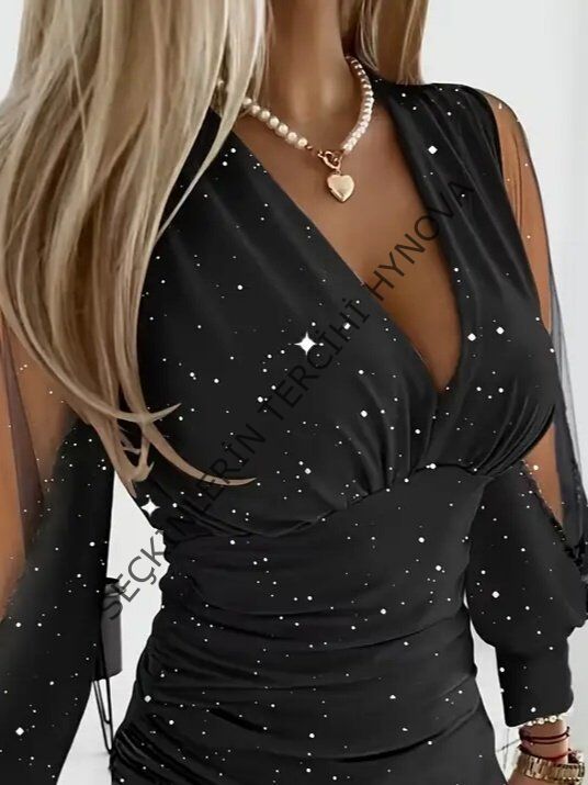 Kadın Uzun Kollu V Yakalısim Detaylı Mini Sandy Elbise