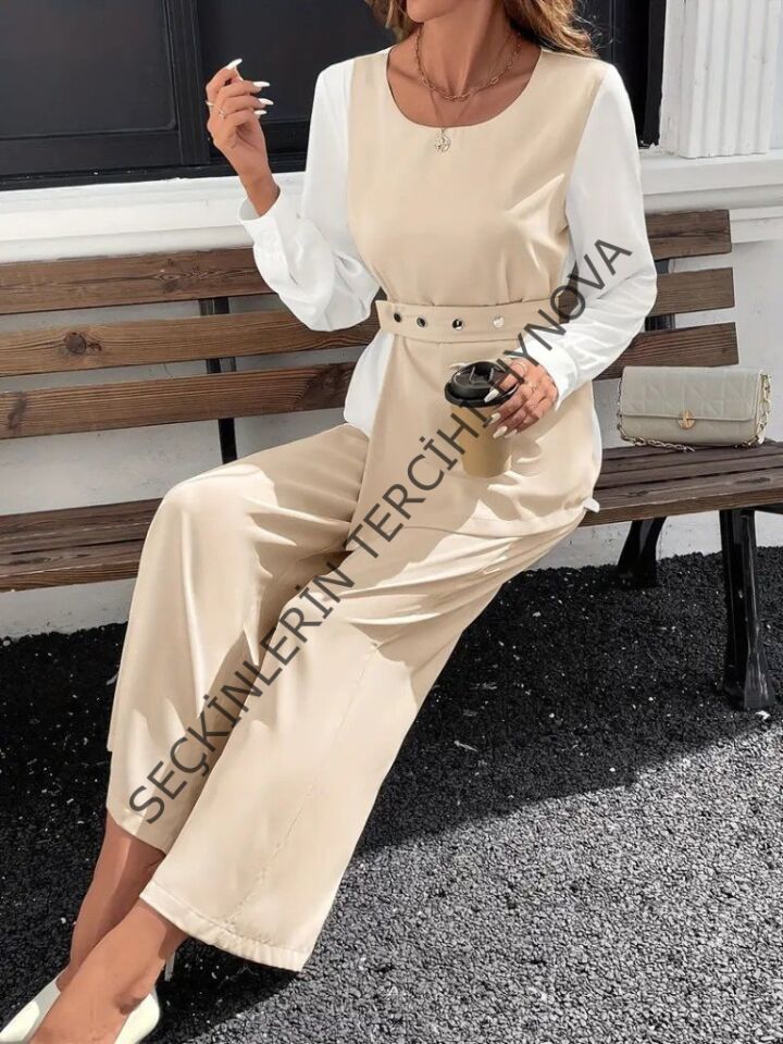 Kadın Uzun Kollu Açık Yakalı çift Renkli Kemerli Ithal Krep Ikili Takım