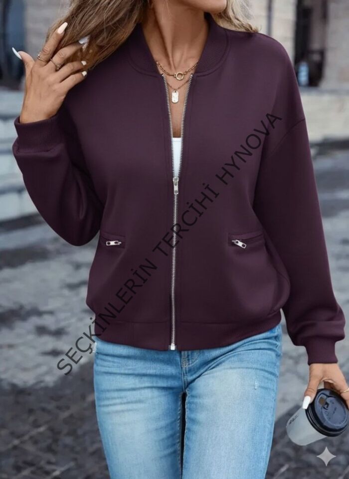 Kadın Uzun Kollu önden Fermuarlı Cepli Modal Mürdüm Ceket