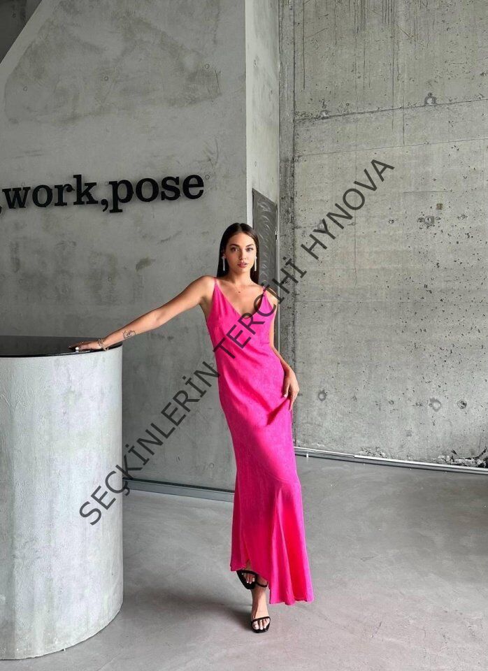 JAKARLI ASKILI SATEN ELBİSE ASİMETRİK - Pembe