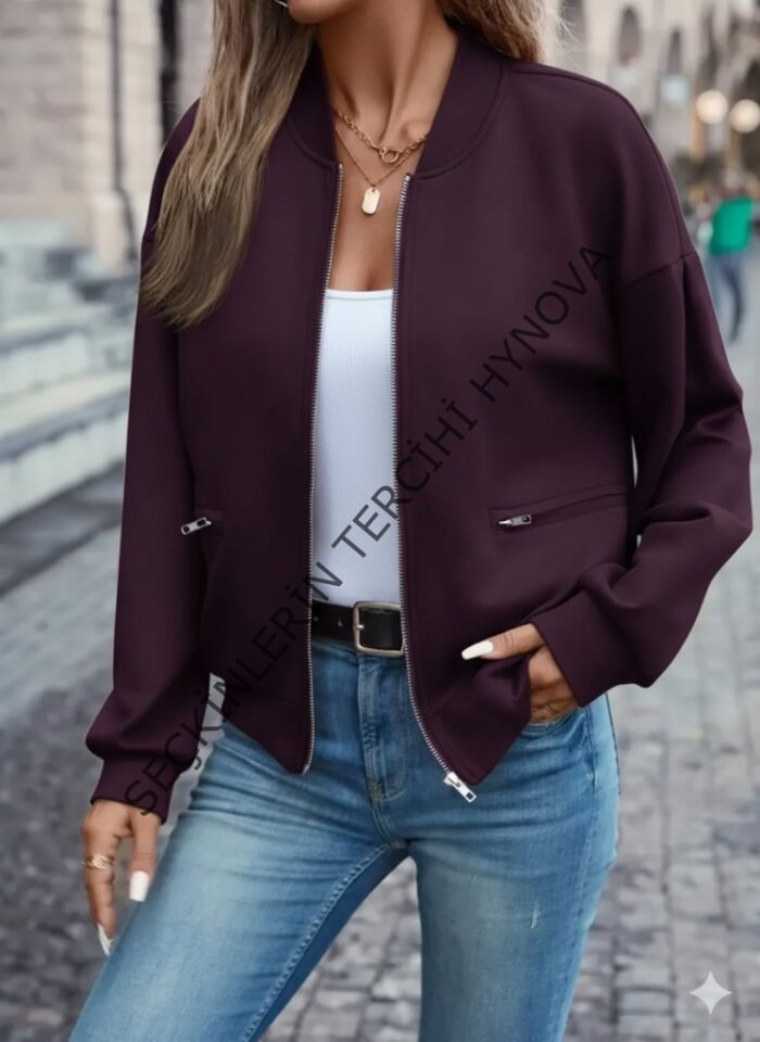 Kadın Uzun Kollu önden Fermuarlı Cepli Modal Mürdüm Ceket