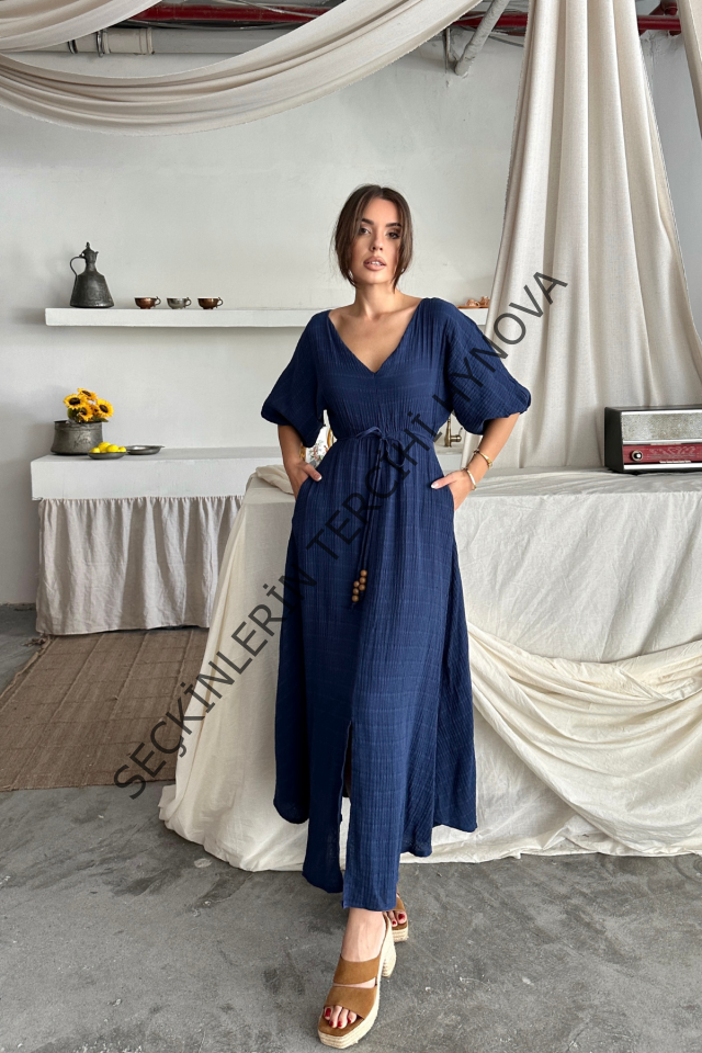 V YAKA BEL BONCUK BAĞLAMALI MÜSLİN ELBİSE YIRTMAÇ DETAYLI - Lacivert