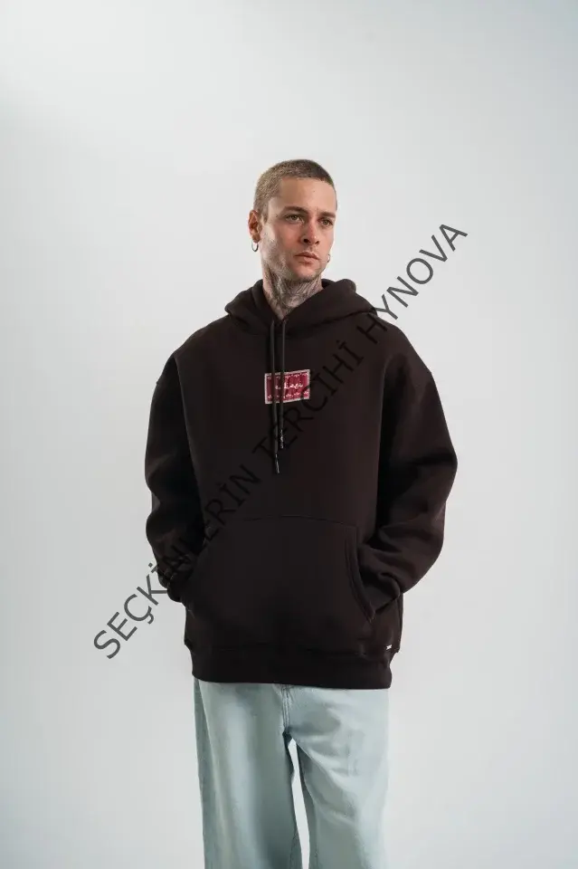 Erkek Premium Nakışlı Kapşonlu Sweatshirt Double Oversize Üç İplik Pamuklu - Siyah