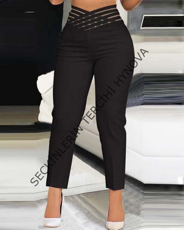 Kadın Yüksek Bel çapraz şerit Detaylı Ithal Krep Pantolon