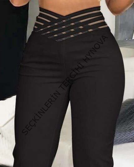 Kadın Yüksek Bel çapraz şerit Detaylı Ithal Krep Pantolon