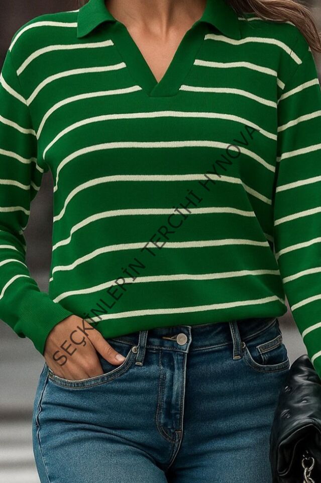Kadın Uzun Kollu V Yaka çizgili Triko Bluz