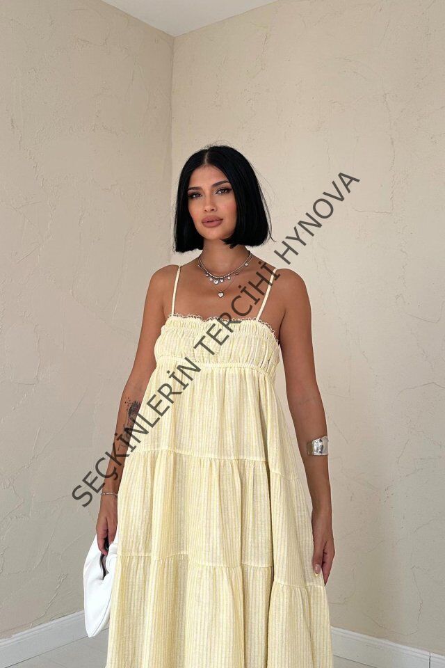 Sarı Askılı Parçalı Çizgili Müslin Elbise