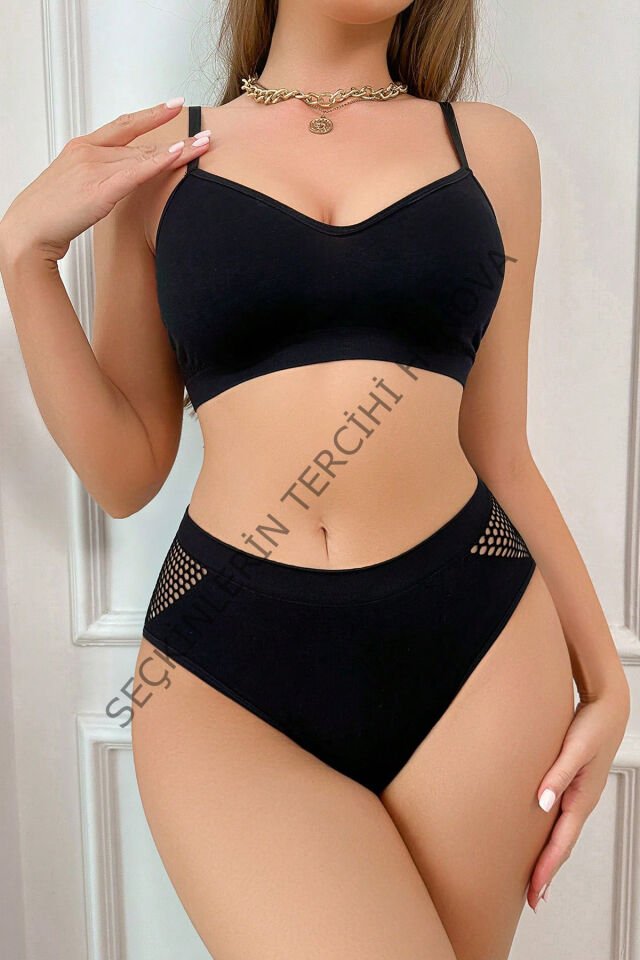 Kadın Siyah Beli ve Sırtı File Detaylı Şık Çamaşır Takımı – Modern, Konforlu ve Günlük Kombinlere Uygun