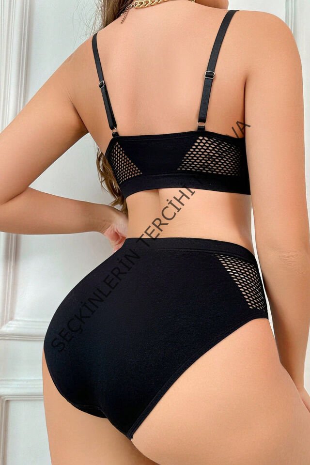 Kadın Siyah Beli ve Sırtı File Detaylı Şık Çamaşır Takımı – Modern, Konforlu ve Günlük Kombinlere Uygun