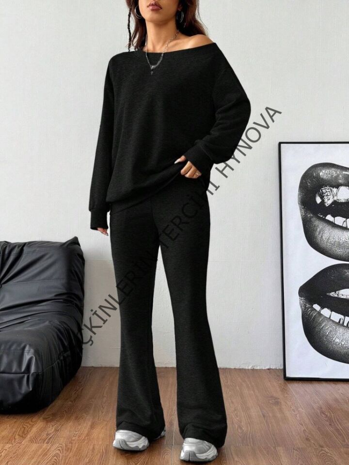 Kadın Uzun Kollu Tek Omuzdan Açık Iki Iplik Bluz Ve Pantolon Ikili Takım